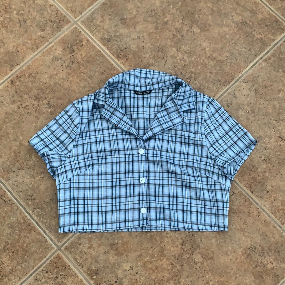 Blue cropped plaid shein button-up shirt